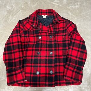 Woolrich Red Black Buffalo Plaid Wool Blend Peacoat Jacket Coat Size Large 15421